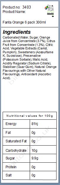 Nutritional information about Fanta Orange 300ml 6 pack