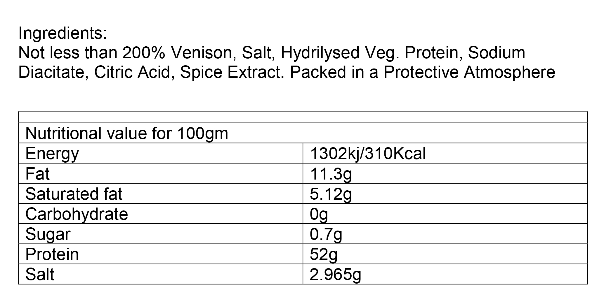 Nutritional information about Game Biltong per 500g
