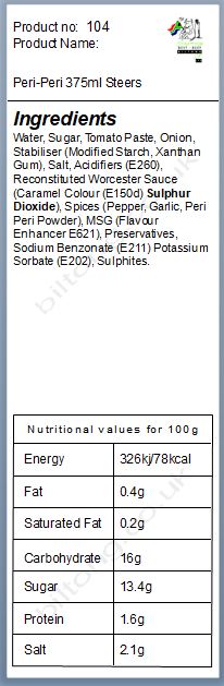 Nutritional information about Peri-Peri 375ml Steers
