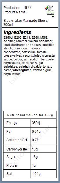 Nutritional information about Steakmaker Marinade Steers 700ml
