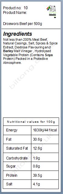 Nutritional information about Droewors Beef per 500g
