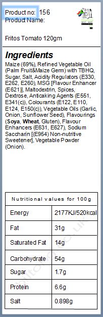 Nutritional information about Fritos Tomato 120gm