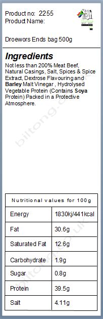 Nutritional information about Droewors Ends  bag 500g