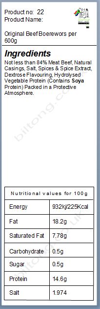 Nutritional information about Original Beef  Boerewors per 600g