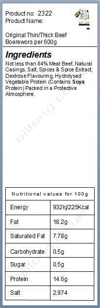 Nutritional information about Original Thin/Thick Beef  Boerewors  per 600g