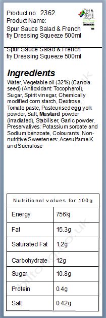 Nutritional information about Spur Sauce Salad & French fry Dressing Squeeze 500ml