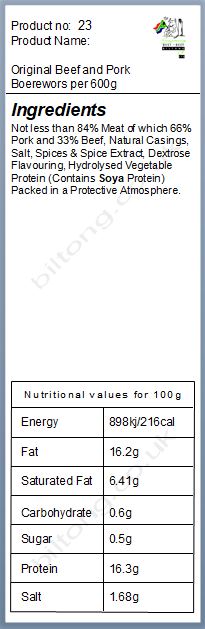 Nutritional information about Original Beef and Pork Boerewors per 600g