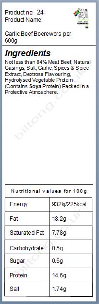 Nutritional information about Garlic Beef Boerewors per 600g