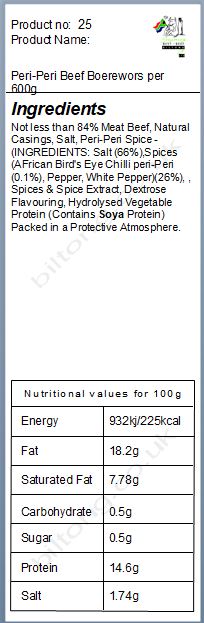 Nutritional information about Peri-Peri Beef Boerewors per 600g