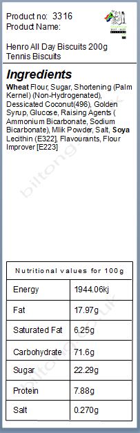 Nutritional information about Henro All Day  Biscuits 200g Tennis  Biscuits