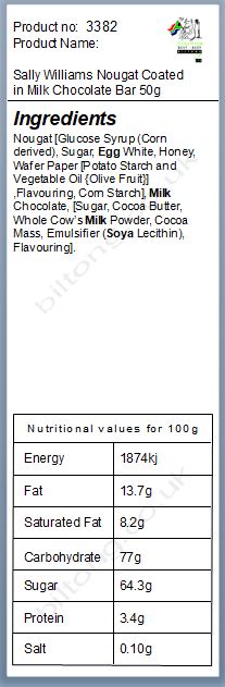Nutritional information about Sally Williams Nougat Coated in Milk Chocolate Bar 50g