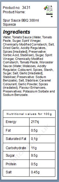 Nutritional information about Spur Sauce BBQ 300ml Squeezy