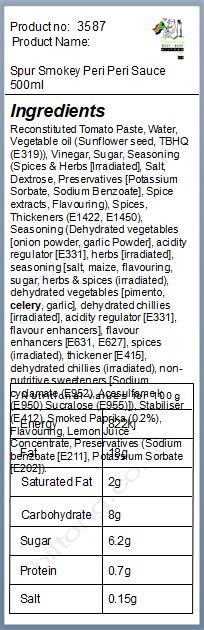 Nutritional information about Spur Smokey Peri Peri Sauce 500ml