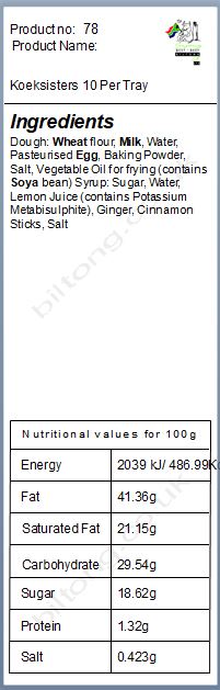 Nutritional information about Koeksisters 10 Mini Per Tray