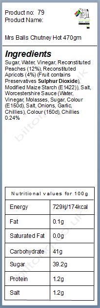 Nutritional information about Hot 470gm Mrs Balls Chutney