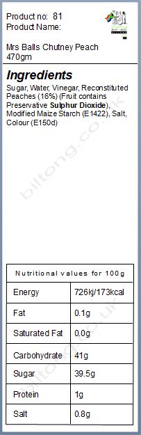 Nutritional information about Peach 470gm  Mrs Balls Chutney