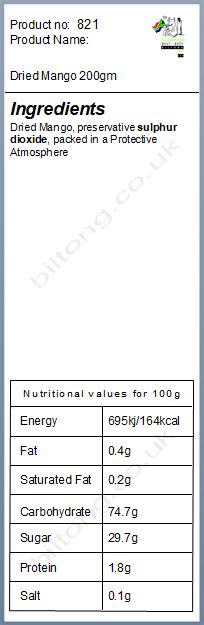 Nutritional information about Dried Mango 200gm