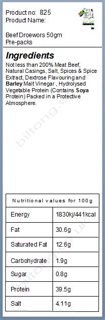Nutritional information about Beef Droewors 50gm Pre-packs