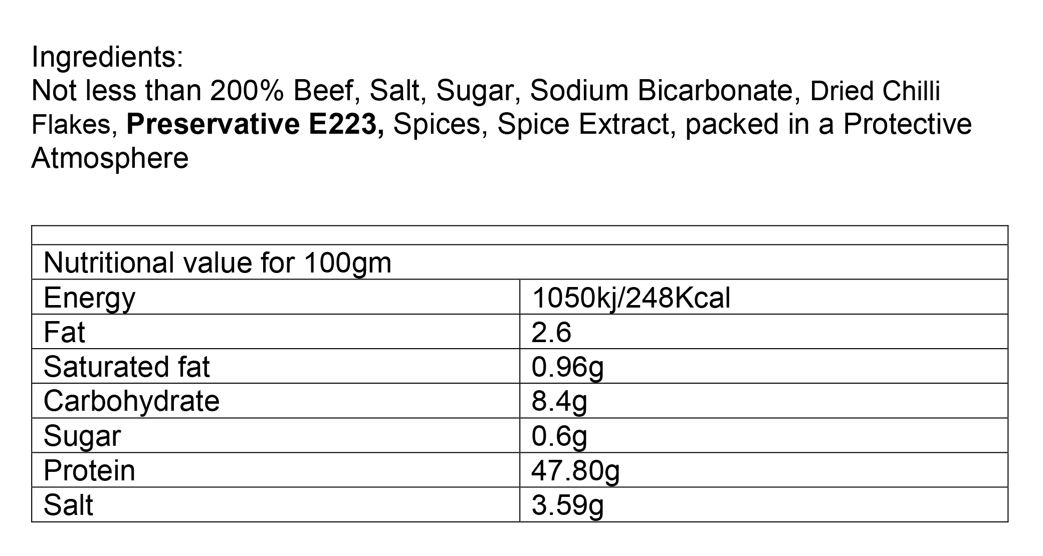 Nutritional information about Beef Chilli Biltong per 500g