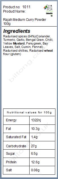 Nutritional information about Rajah Medium Curry Powder 100g