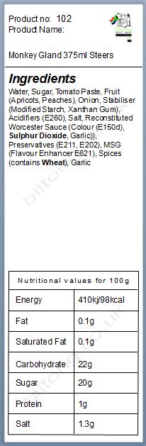 Nutritional information about Monkey Gland 375ml  Steers