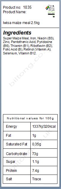 Nutritional information about Iwisa maize meal 2.5 kg