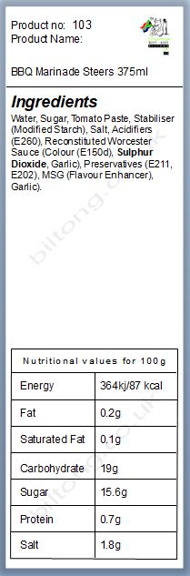 Nutritional information about BBQ 375ml  Steers