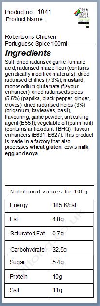 Nutritional information about Robertsons Chicken  Portuguese Spice 100ml