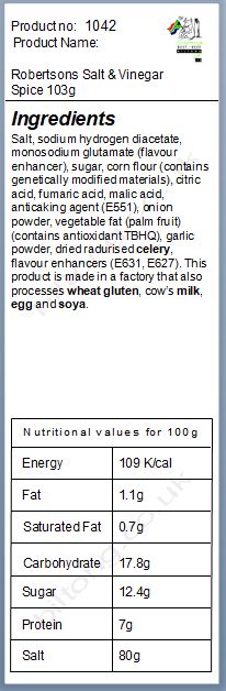 Nutritional information about Robertsons Salt & Vinegar Spice 103g