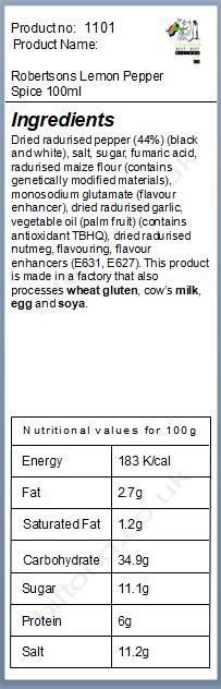 Nutritional information about Robertsons Lemon Pepper Spice 100ml