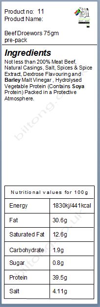 Nutritional information about Beef Droewors 75gm pre-pack