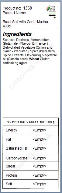 Nutritional information about Braai Salt with Garlic Marina 400g