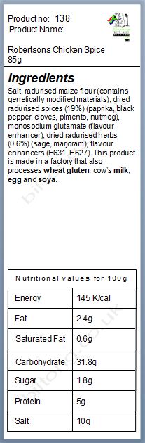 Nutritional information about Robertsons Chicken Spice 85g