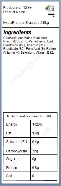 Nutritional information about Iwisa/Premier Braaipap 2.5kg