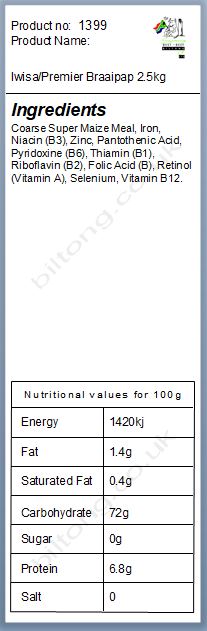 Nutritional information about Iwisa/Premier Braaipap 2.5kg