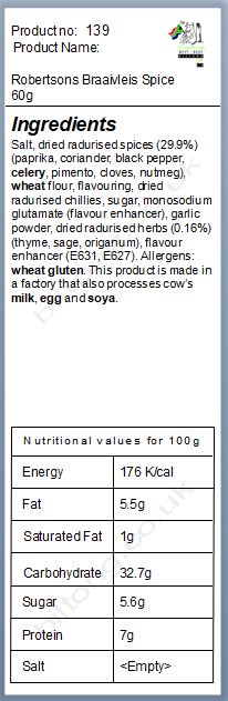 Nutritional information about Robertsons Braaivleis Spice 60g