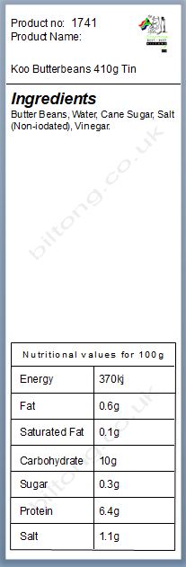Nutritional information about Koo Butterbeans 410g Tin