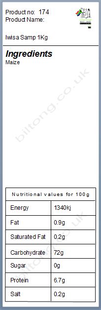 Nutritional information about Iwisa Samp 1Kg