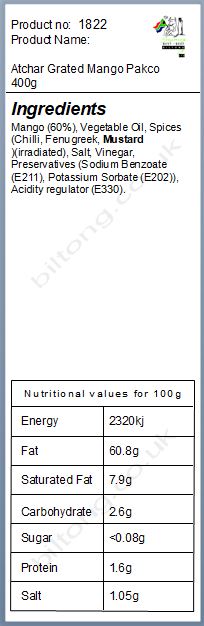 Nutritional information about Pakco Mango (mild) Atchar 385g
