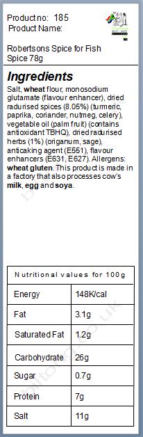 Nutritional information about Robertsons Spice for Fish Spice 78g