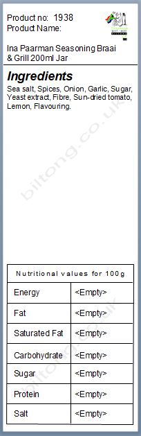 Nutritional information about Ina Paarman Seasoning Braai & Grill 200ml Jar
