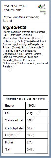 Nutritional information about ZRoyco Soup Minestrone 50g Sachet