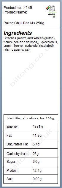 Nutritional information about Pakco Chilli Bite Mix 250g