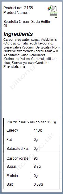 Nutritional information about Sparletta Cream Soda Bottle 2lt