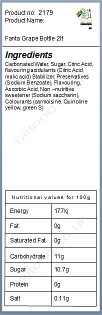 Nutritional information about Fanta Grape Bottle 2lt