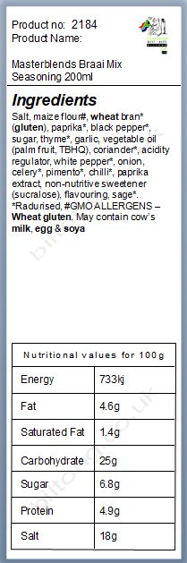 Nutritional information about Masterblends Braai Mix Seasoning 200ml