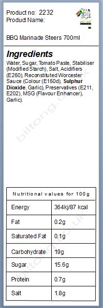 Nutritional information about BBQ Marinade Steers  700ml