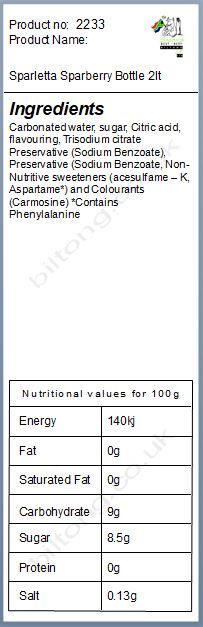 Nutritional information about Sparletta Sparberry Bottle 2lt