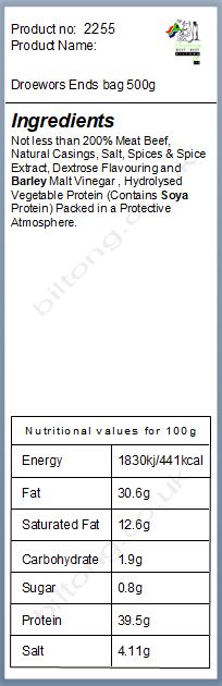 Nutritional information about Droewors Ends  bag 500g