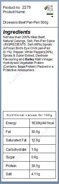 Nutritional information about Droewors Beef Peri-Peri 500g